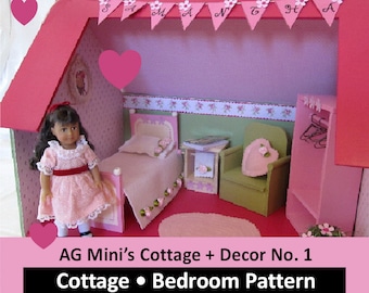 May include: A pink dollhouse with a bedroom interior, featuring a bed, armchair, armoire, and a doll. The dollhouse is decorated with pink and green accents. The text "AG Mini's Cottage + Decor No. 1 Cottage Bedroom Pattern for American Girl & Other 6" - 7" Dolls" is displayed on the front of the dollhouse.