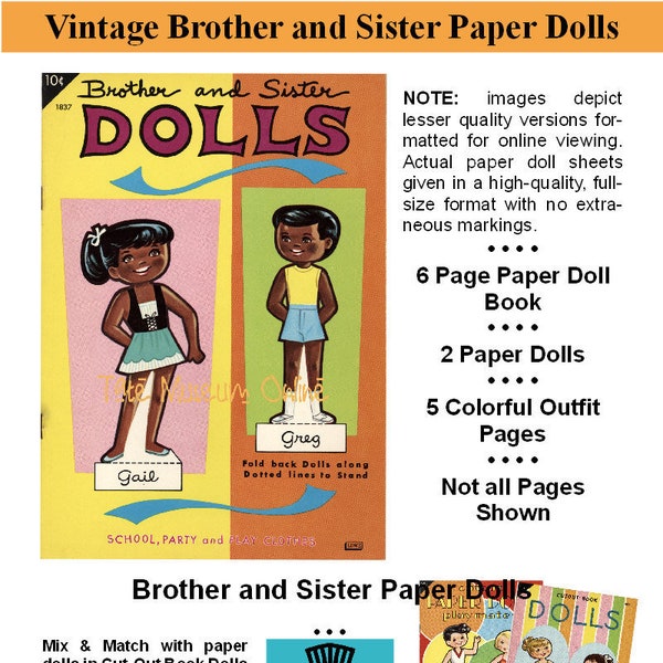 Vintage Paper Dolls_Brother & Sister_Black Americana African American _ Paper Toy_Paper Craft_Ephemera_Digital Download_PDF + Guide