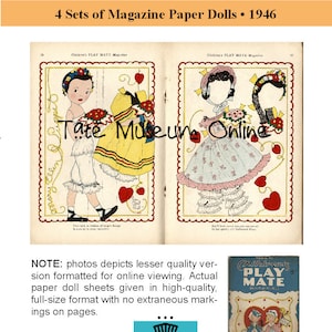May include: Four vintage paper dolls from a 1946 issue of Children's Play Mate magazine. The dolls are dressed in colorful dresses and have blank faces for children to draw on. The magazine cover features a couple of children dressed in Valentine's Day attire.
