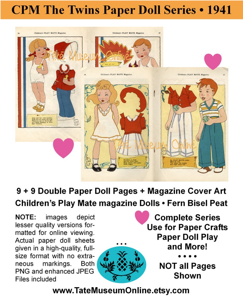 Paper Dolls _ Children's Play Mate Magazine Twins_ Complete Set 1941