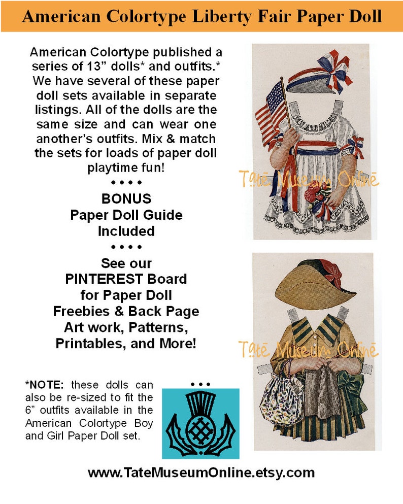 Paper Dolls Antique American Colortype LIBERTY FAIR Paper Doll & Outfits Ephemera Paper Craft Collage Sheet PDF Digital Download_Bonus Guide image 2