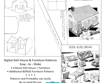 Vintage Doll House + Furniture Patterns & Printables _ Paper Craft_Multi-Sizes and Uses for a Variety of Fun Projects _ PDF Digital Download