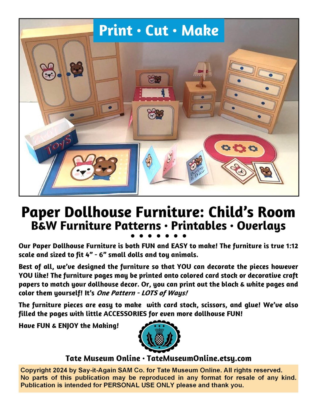 Dollhouse Furniture _ CHILD'S ROOM, 1:12 Scale_color-your-own - B&W ...