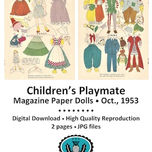 Paper Dolls * Children&#39;s Playmate Magazine Paper Dolls, Oct 1953 * Vintage Reproduction * Paper Toy * DIGITAL DOWNLOAD * PDF
