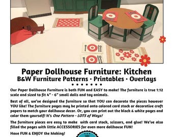May include: Printable paper dollhouse furniture patterns for a kitchen. The patterns include a refrigerator, stove, table, chairs, and accessories. The furniture is designed to fit 4-6 inch dolls and toy animals. The patterns are black and white and can be printed on colored card stock or decorative craft paper.