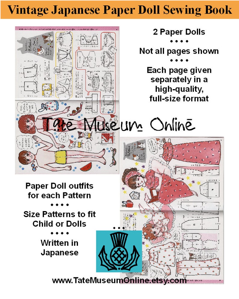 May include: Vintage Japanese paper doll sewing book with two paper dolls, outfits, and patterns. The book is written in Japanese and includes instructions for making clothes for the dolls. The book is in good condition and has a colorful cover.