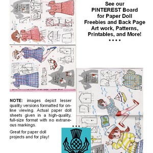 May include: Vintage Japanese paper doll sewing book with illustrations of a girl in a plaid dress and a boy in a sailor outfit. The book includes instructions for making paper dolls and clothes. The text on the page reads "See our PINTEREST Board for Paper Doll Freebies and Back Page Art work, Patterns, Printables, and More!"