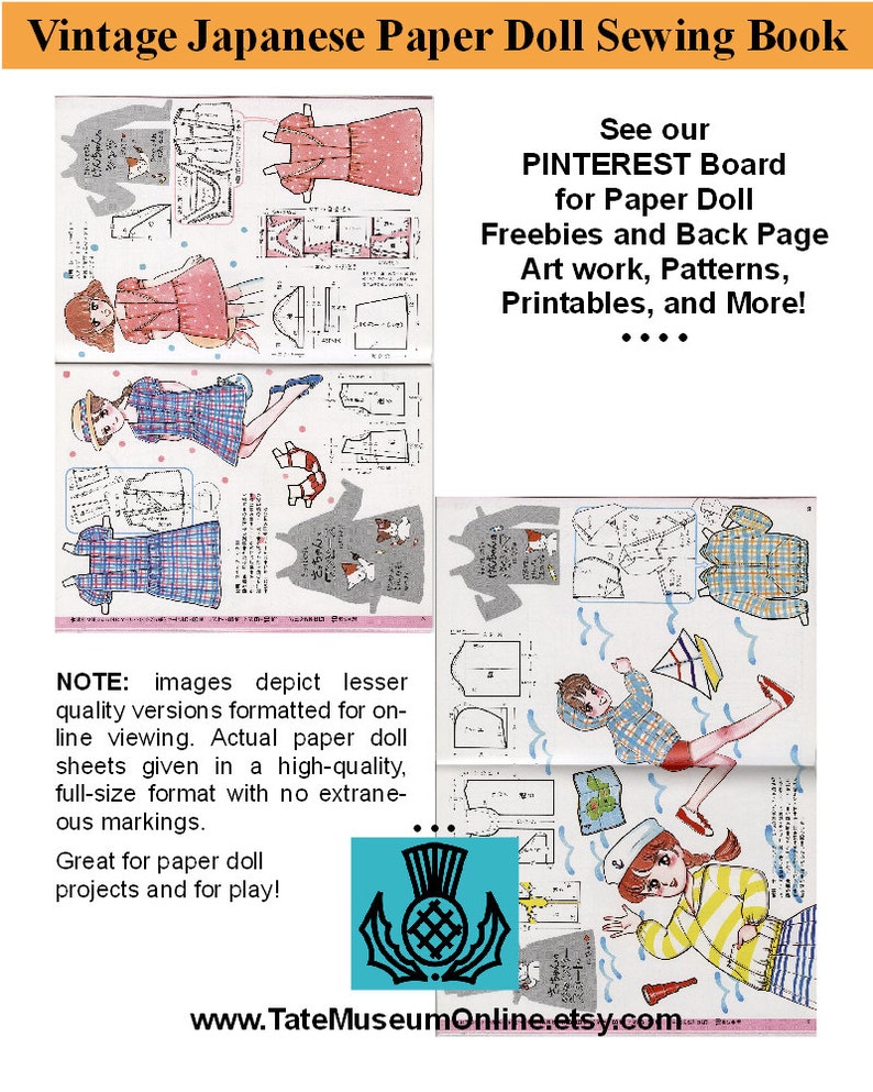 May include: Vintage Japanese paper doll sewing book with illustrations of a girl in a plaid dress and a boy in a sailor outfit. The book includes instructions for making paper dolls and clothes. The text on the page reads "See our PINTEREST Board for Paper Doll Freebies and Back Page Art work, Patterns, Printables, and More!"