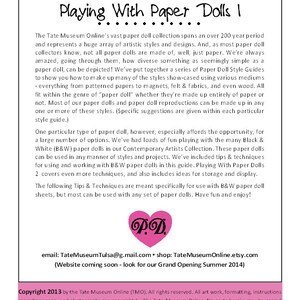 May include: A pink heart with the letters "P.D." inside. The text "Print Cut Play" is at the top of the page. The text "Playing With Paper Dolls I" is in a larger font below the first line of text. The text "Copyright 2013" is at the bottom of the page.