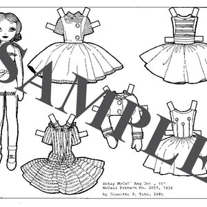 May include: Black and white line art paper doll pattern of a girl with a variety of outfits, including a dress, a skirt and top, and a jacket. The pattern is for a 16-inch rag doll. The text on the page reads "Betsy McCall Rag Doll, 16", "McCall Pattern No. 2057, 1956", and "by Jeanette J. Tato, 1985".