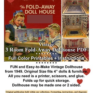 May include: Vintage 3-room fold-away dollhouse PDF printable. The dollhouse is designed for 4-inch dolls and furniture. The cover features a colorful illustration of a dollhouse with two children.