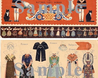 Op de afbeelding: Een vintage set met uitknipbare papieren poppen met boerenkostuums uit Europa. De set bevat poppen uit Frankrijk en Bulgarije, met verschillende kledingopties voor elk. De poppen zijn gekleed in traditionele volkskostuums, met kleurrijke patronen en details. De set is getiteld "Boerenkostuums uit Europa Uitknipbare papieren poppen door Rachel Taft Dixon."