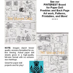 May include: Vintage Japanese paper doll sewing book with a black and white illustration of a girl wearing a dress with a polka dot pattern. The book includes instructions for making paper dolls and clothes. The text on the page reads "See our PINTEREST Board for Paper Doll Freebies and Back Page Art work, Patterns, Printables, and More!"