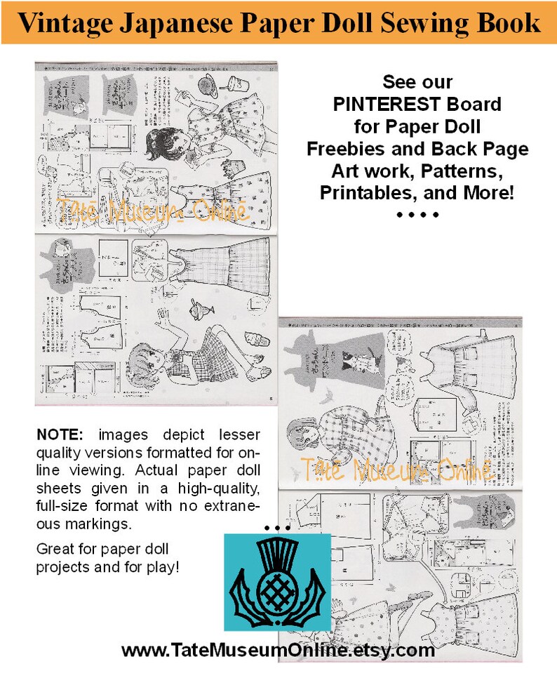 May include: Vintage Japanese paper doll sewing book with a black and white illustration of a girl wearing a dress with a polka dot pattern. The book includes instructions for making paper dolls and clothes. The text on the page reads "See our PINTEREST Board for Paper Doll Freebies and Back Page Art work, Patterns, Printables, and More!"