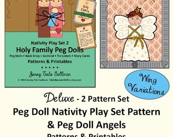 Christmas Peg Doll Pattern NATIVITY + Angels DELUXE Set & Printables, Back Drop, Garland, Story Cards, Tin Labels  Digital Download PDF