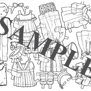 May include: Black and white paper doll with multiple outfits. The doll has a headband, a dress, a coat, a hat, and a pair of boots. The text "Patty and Kippy J.R. Stewart" is visible in the image.