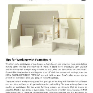 May include: A white foam board dollhouse room with a bed, a chair, and a clothes rack. The text "American Girl_The Doll House Project" and "Foam Board Furnishings_Tips & Techniques" is at the top of the image. The text "Tips for Working with Foam Board" is at the bottom of the image. The text "Copyright TateMuseumOnline.etsy.com" is at the bottom of the image.