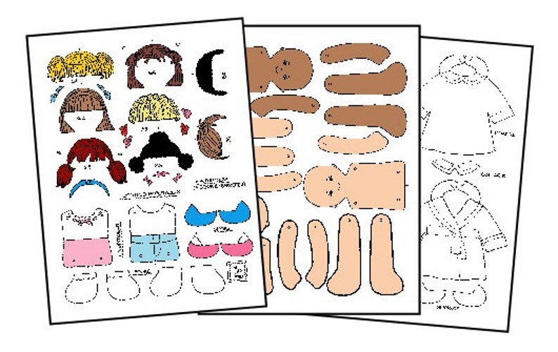 May include: A printable paper doll set with various clothing options, including dresses, shirts, and accessories. The set includes a black and white outline of a girl's body, a brown skin tone body, and a black and white outline of a boy's body.