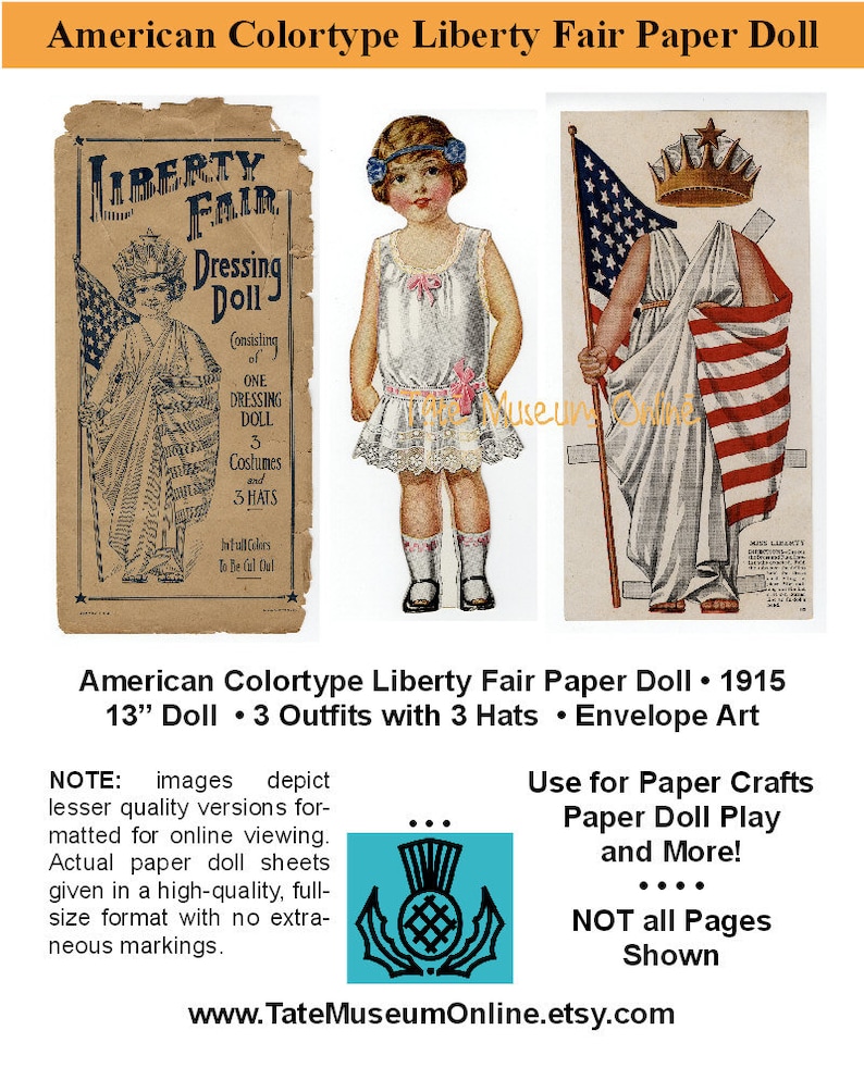 Paper Dolls Antique American Colortype LIBERTY FAIR Paper Doll & Outfits Ephemera Paper Craft Collage Sheet PDF Digital Download_Bonus Guide image 1