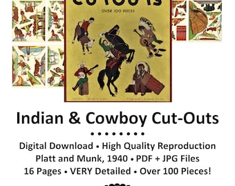 Recortes de papel antiguos * Recortes de indios y vaqueros, Platt + Munk 1940 * Reproducción antigua * Gran colección - 16 páginas * DESCARGA DIGITAL * PDF