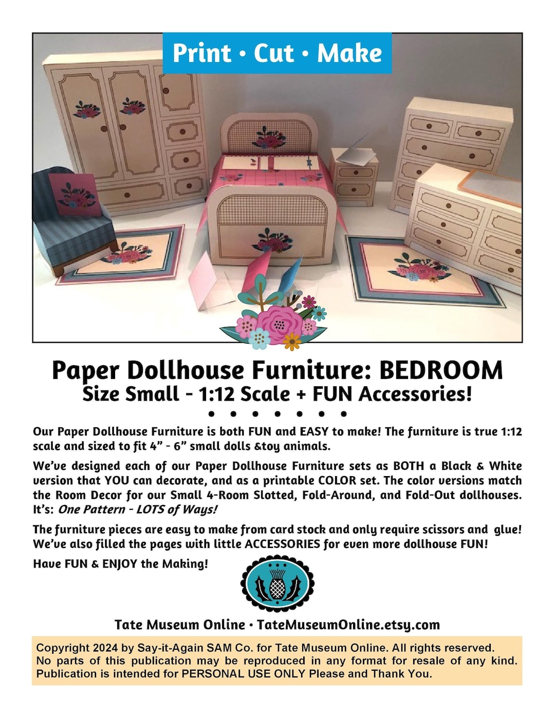 Dollhouse Furniture _ BEDROOM, 1:12 Scale_full COLOR Printables ...