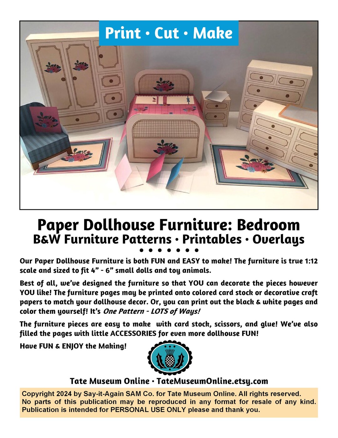 Buy Dollhouse Furniture BEDROOM, 1:12 Scale Color Your Own B&W  Printables Digital Download PDF Online in India