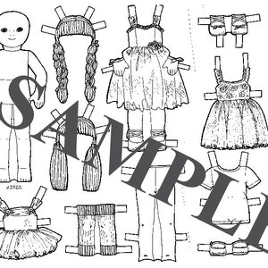 Könnte beinhalten: Schwarz-weißes Line-Art-Papierpuppe mit mehreren Outfits und Accessoires. Die Puppe ist ein Mädchen mit langen Haaren und einem einfachen Kleid. Die Outfits beinhalten ein Kleid mit einem Rüschenrock, einen Rock und ein Oberteil sowie eine Hose. Das Zubehör umfasst einen Hut, Schuhe und ein Paar Handschuhe.