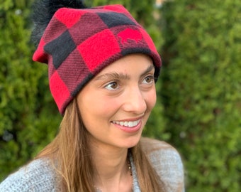 Buffalo Embroidered Plaid Red or White Fleece Pom Pom  Hat