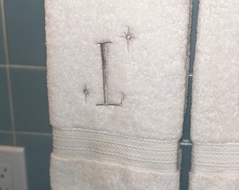 Set of 2 - Custom Personalized Retro Embroidered Monogrammed Hand Towels. Mid-Century Modern Look.