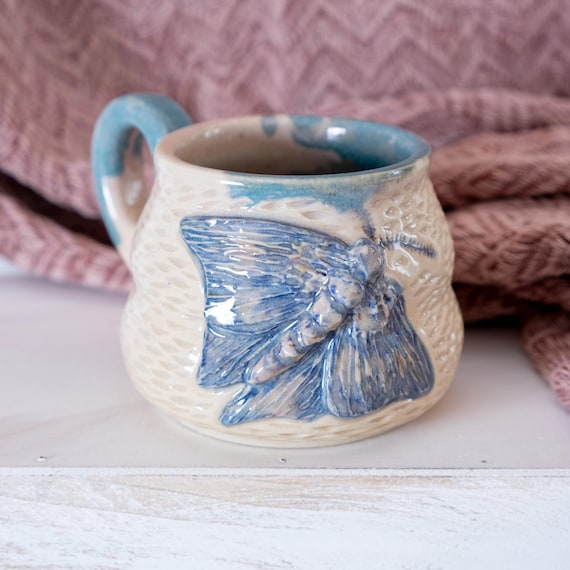MUG - Handmade Fuzzy Blue Sculpted Moth Bubble Coffee Cup 9 Ounces