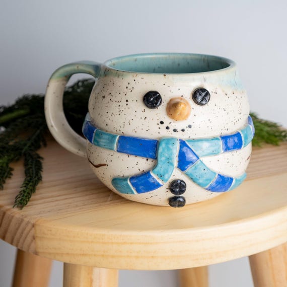 Handmade Snowman Mug: Oversized Ceramic Coffee Cup with Turquoise and Indigo Blue Stripe Scarf