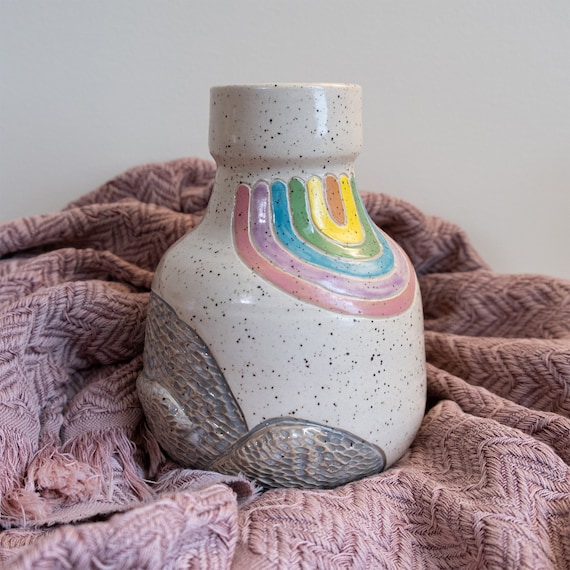 Tall Rainbow Jug / Vase with Chunky Carved Nimbus Clouds and Colorful Arched Rainbow