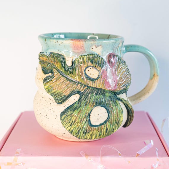 Sculpted Monstera Leaf Mug: Whimsical Carved Pottery - Pink, Blue & Green