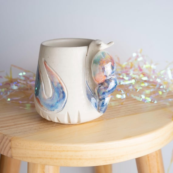 Handmade Snail Mug: Mother of Pearl Luster, Sculpted Handle