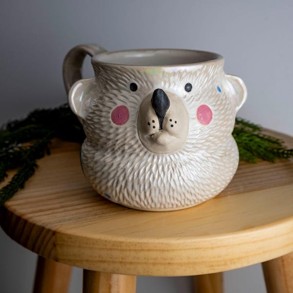 Handmade Faux Fur Carved Bear Mug: Mother of Pearl Overglaze