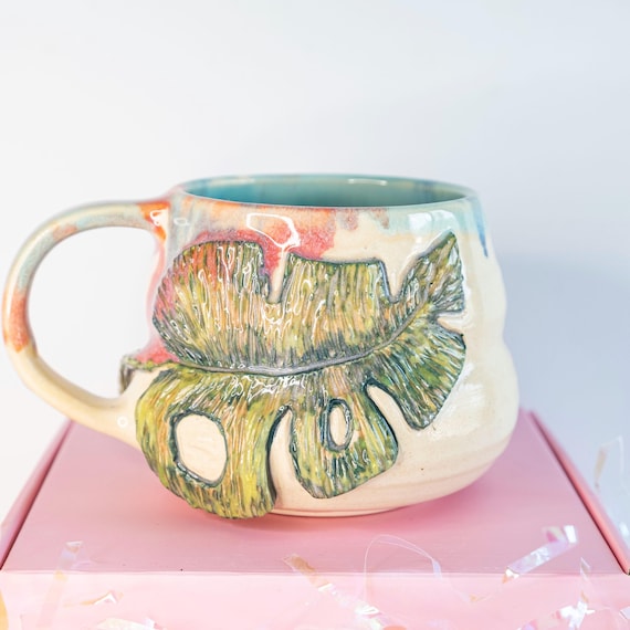 Sculpted Monstera Leaf Mug: Carved Pottery Tumbler, Watercolor Design
