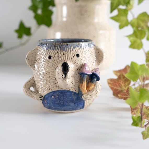 Faux Fur Carved Bear Tumbler with Nubby Arms and 2 Magic Mushrooms | Carved Minimal, Whimsical Pottery, Ergonomic, Purple