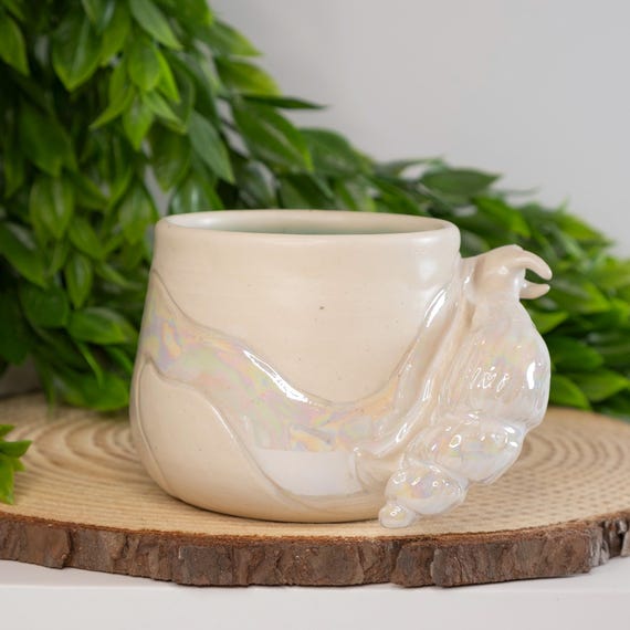 Snail Handle Mug: Mother of Pearl Luster, Cottagecore Quirky Ceramic