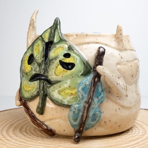 Wheel-thrown Makar Korok Planter with Monstera Leaf Face & Drainage | Handmade Pottery Zelda Wind Waker