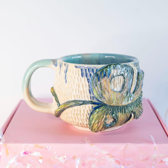 Sculpted Monstera Leaf Mug: Whimsical Carved Pottery, Pink Blue Green