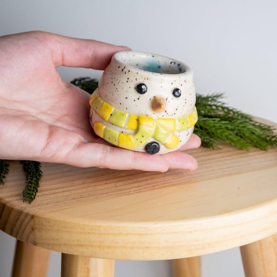 Handmade Snowman Shot Glass: Sculpted Scarf, Carrot Nose - 3 oz