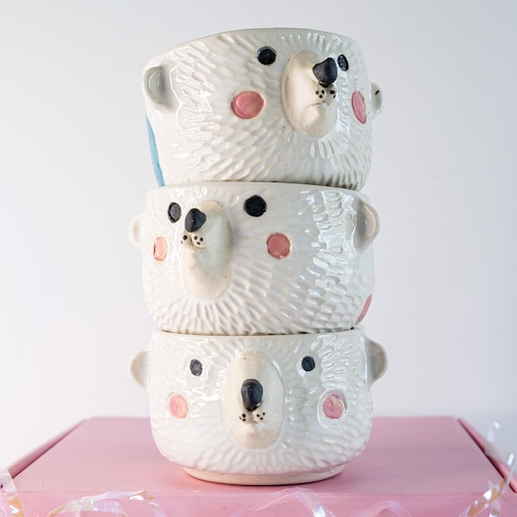 Handmade Ceramic Bear Shot Glass: Carved Polkadot Animal Cup