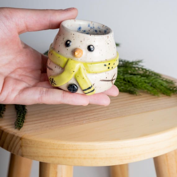 Handmade Snowman Shot Glass: Sculpted Ceramic with Lime Scarf