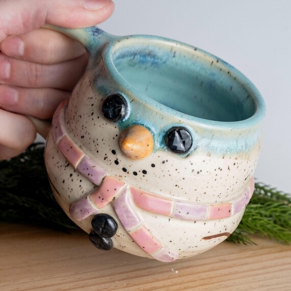 Handmade Snowman Mug: Oversized Ceramic Coffee Cup with Pink and Purple Stripe Scarf