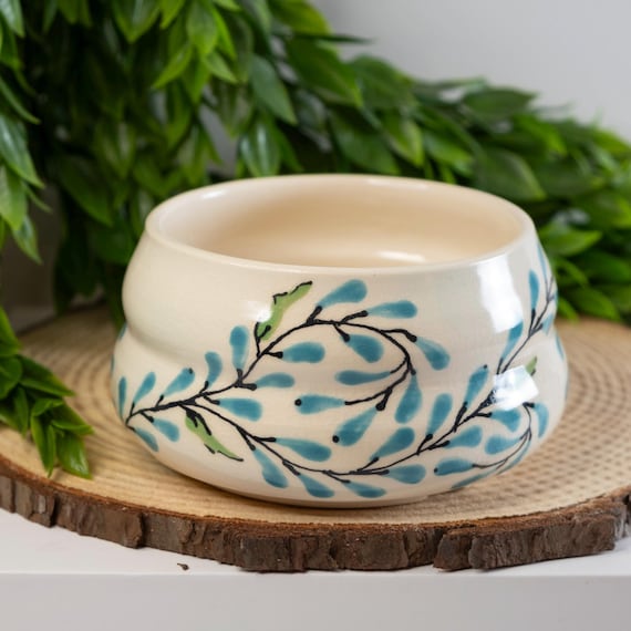 Handmade Ceramic Planter: Teal Blue Botanical Design, Drainage Hole