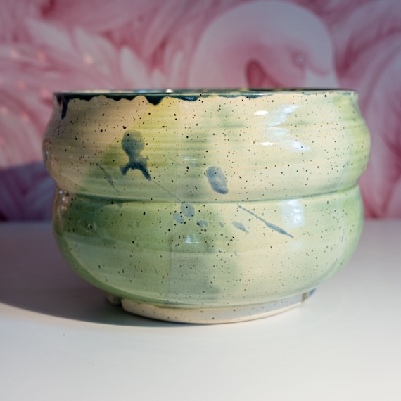 Large Ceramic Bubble Planter: Mossy Green Splatter Finish, Bottom Watering