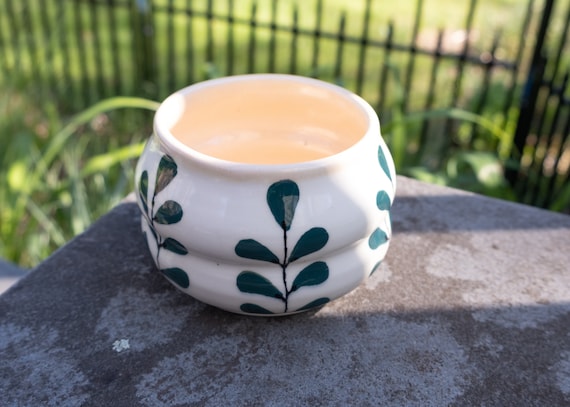 Handmade Ceramic Planter: Teal Botanical Design, Drainage Hole