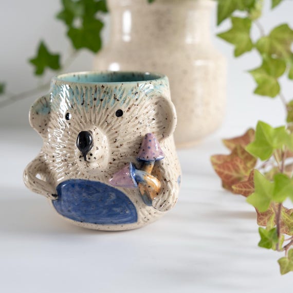 Faux Fur Carved Bear Tumbler with Nubby Arms and 2 Magic Mushrooms | Carved Minimal, Whimsical Pottery, Ergonomic, Turquoise