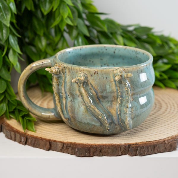 Sculpted Slug Bubble Mug | Carved Creature Pottery Playful Shape Mossy Green