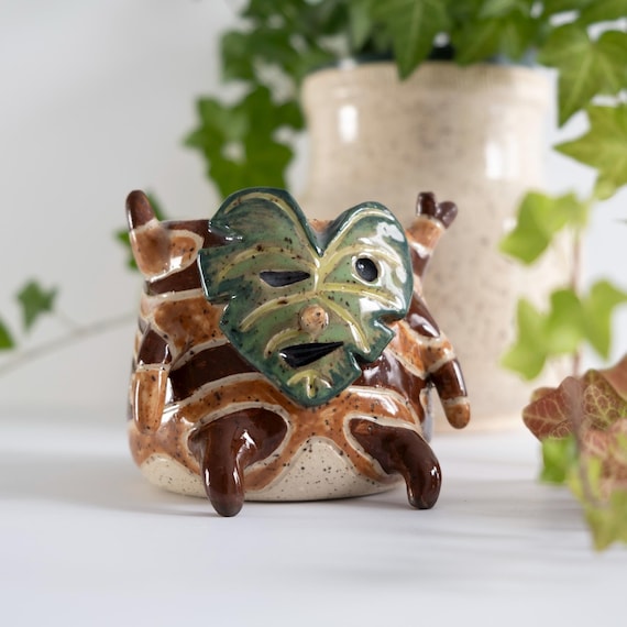 Carved Korok Tumbler with Nubby Arms, Legs, Nose, and Whimsical Leaf Face- Brown | Handmade Ceramic Cup Ergonomic Zelda Character Ya-Ha-Ha!